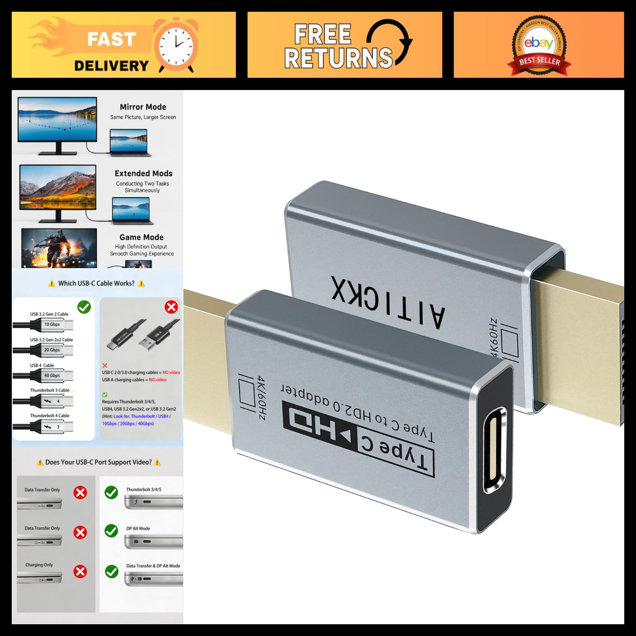 USB-C to HDMI Adapter 4K 60Hz, Uni-Directional, High-Speed Video Converter