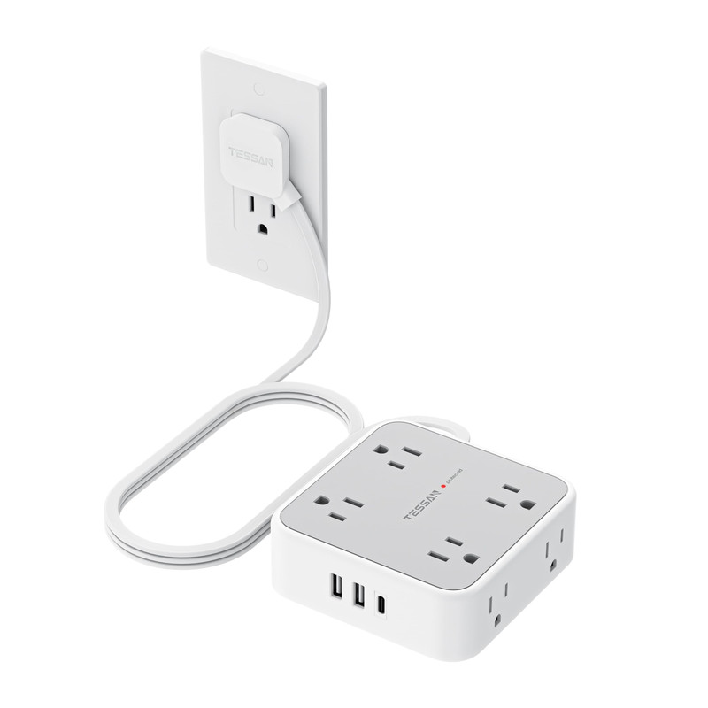 Tessan Surge Protector Power Strip 5 Ft Flat Plug Extension Cord 3 Usb 1 Usb C