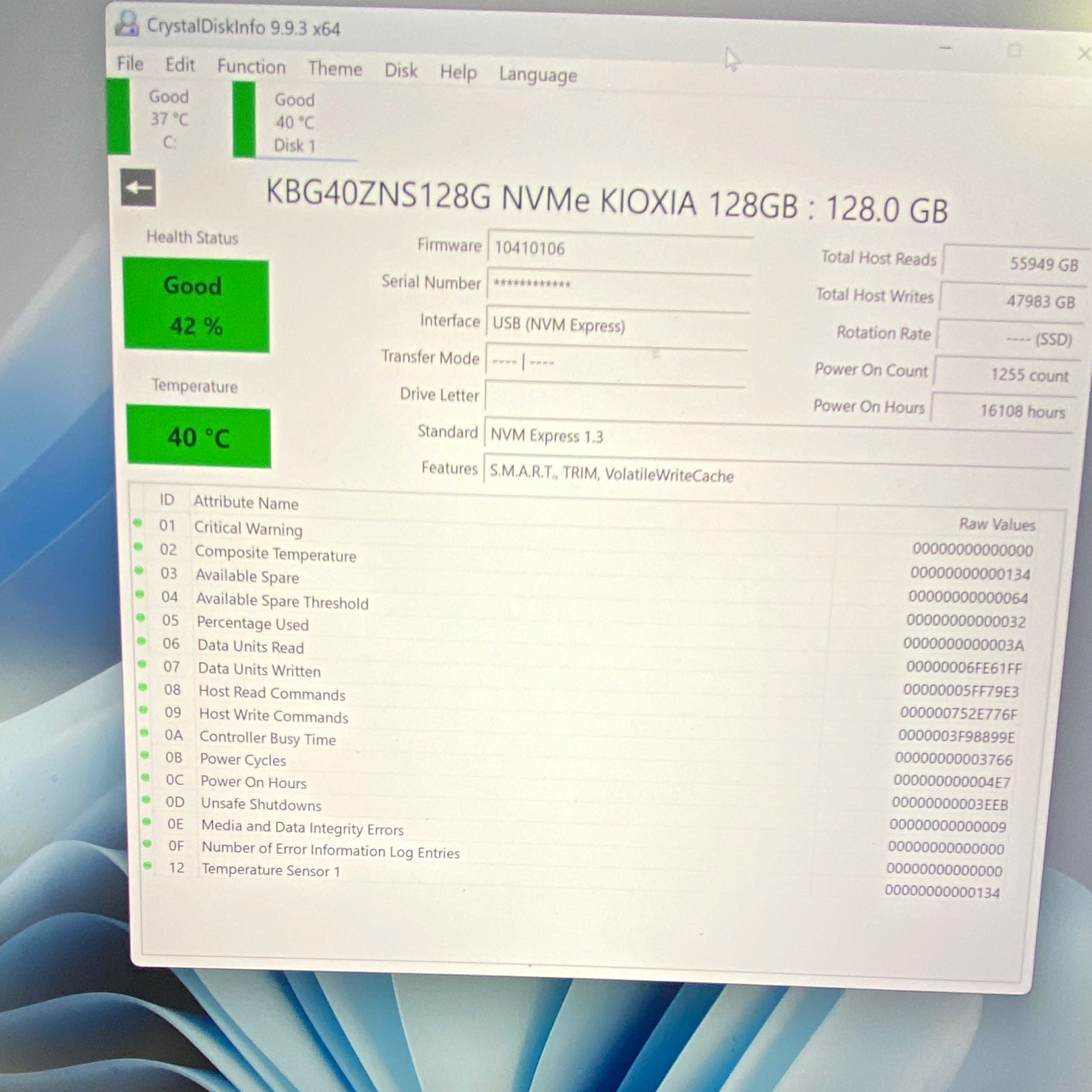 KIOXIA BG4 128GB NVMe M.2 Internal SSD KBG40ZNS128G S.M.A.R.T. TRIM