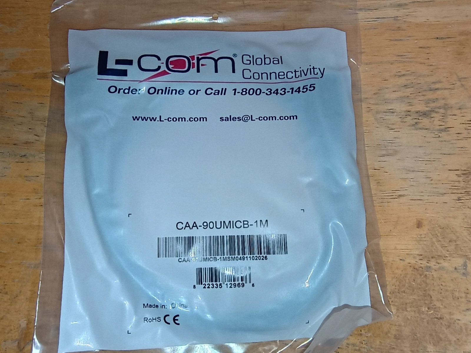 L-Com CAA-90UMICB-1M, Right Angle USB Cable, USB A Male to USB Micro B Male