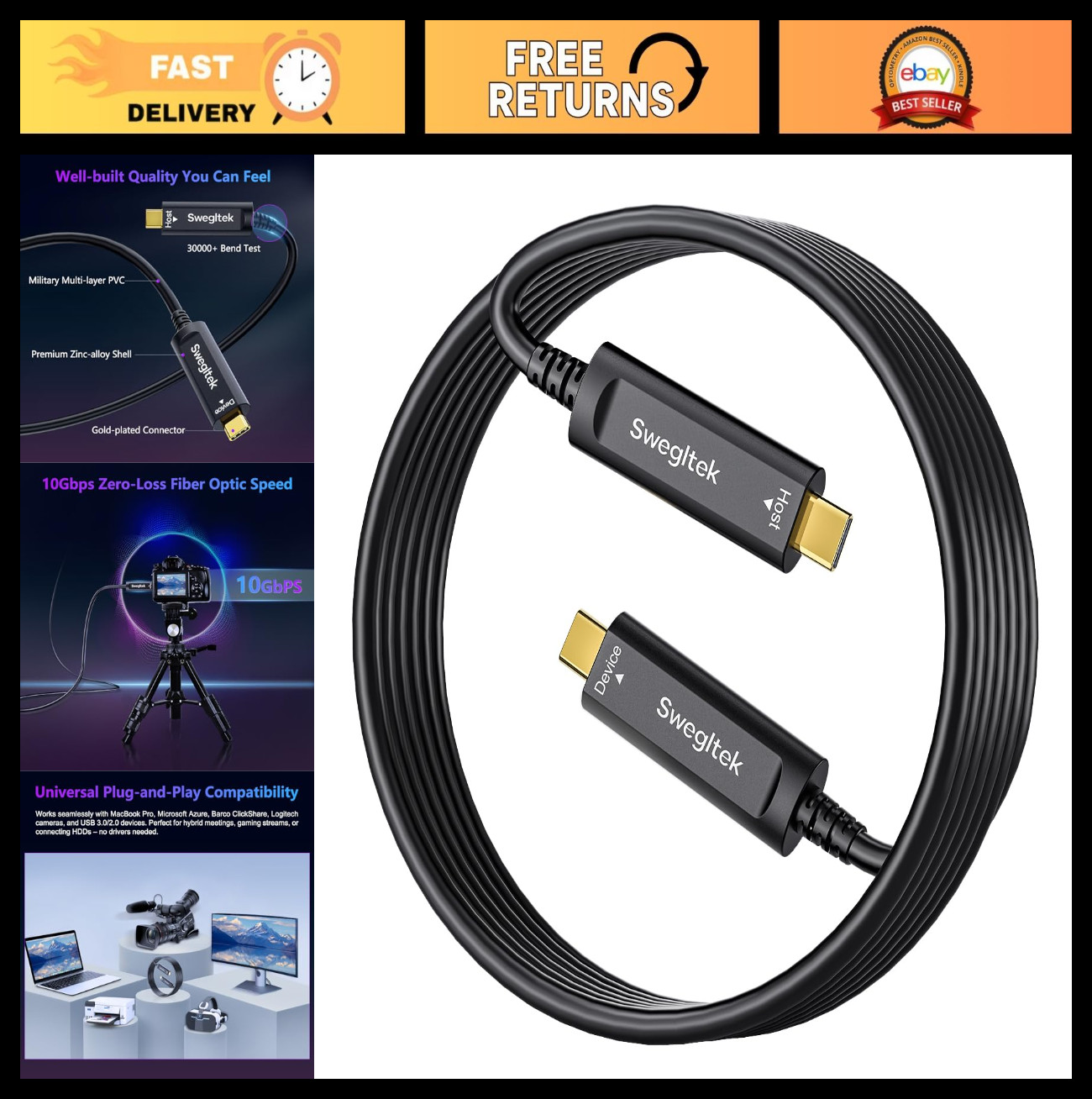 50ft Fiber Optic USB C Cable, 10Gbps High Speed Data Transfer for Cameras, VR, A