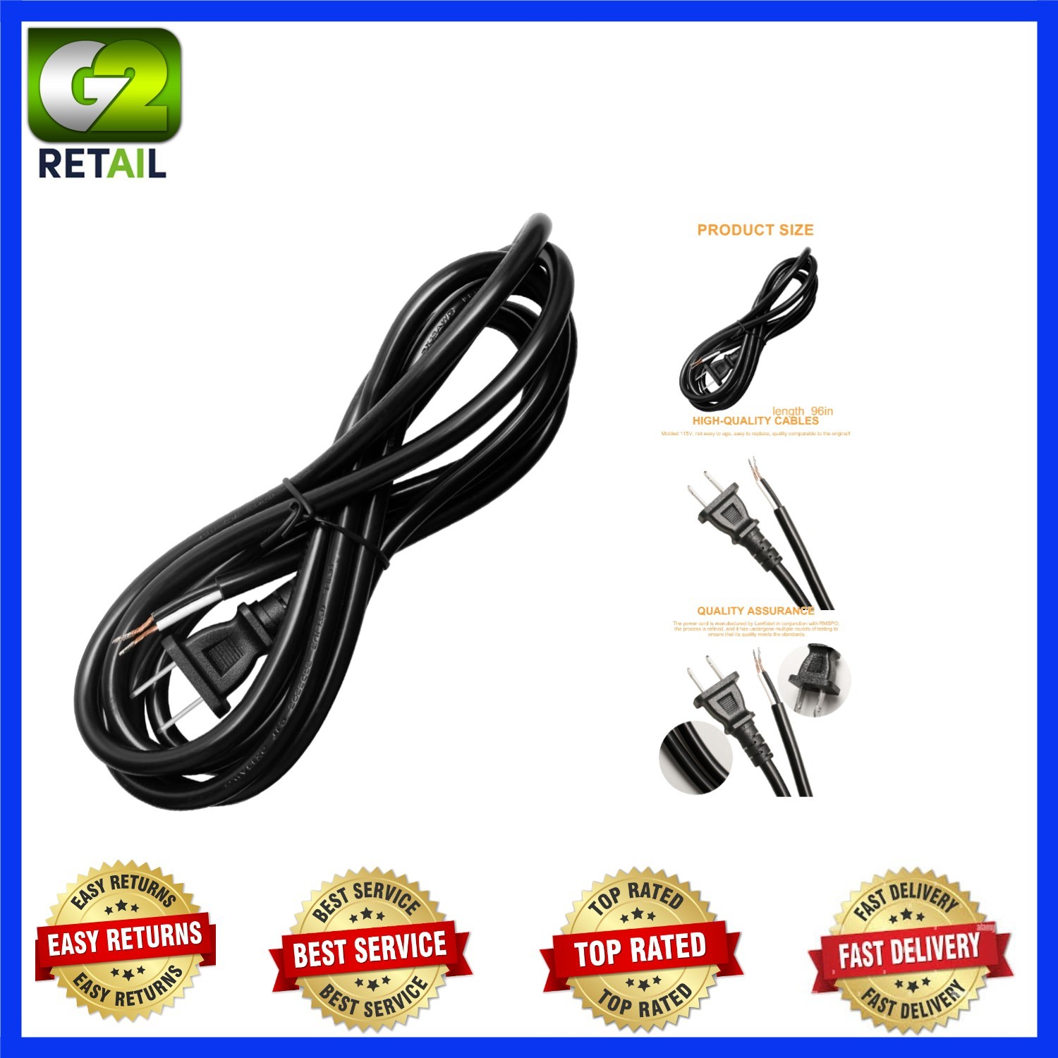 8FT Replacement Power Cord 16/2 for Drills, Sanders & Power Tools - 15 Amp