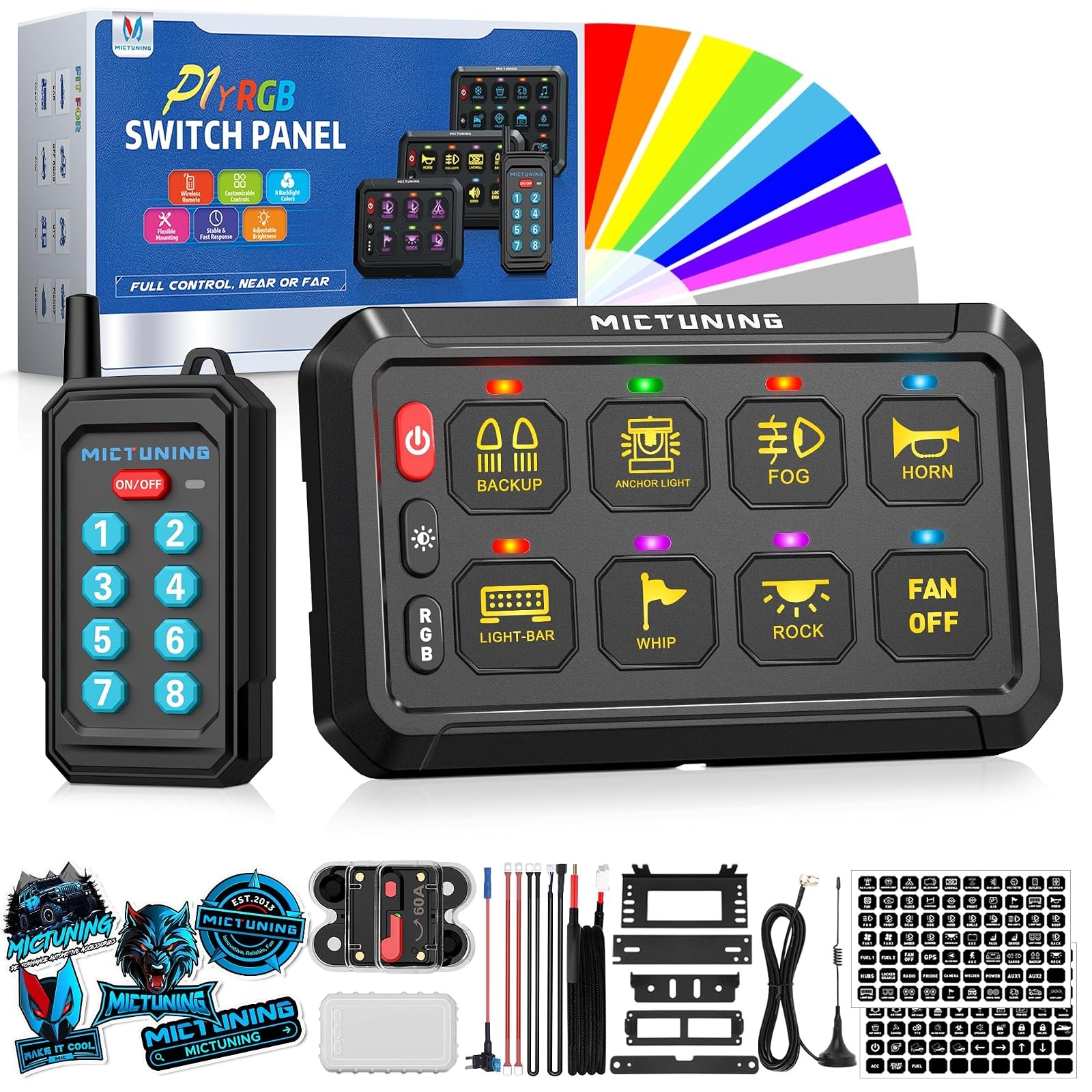 MICTUNING P1Y 8 Gang Switch Panel RGB RF Remote 230FT 6 Level Brightness