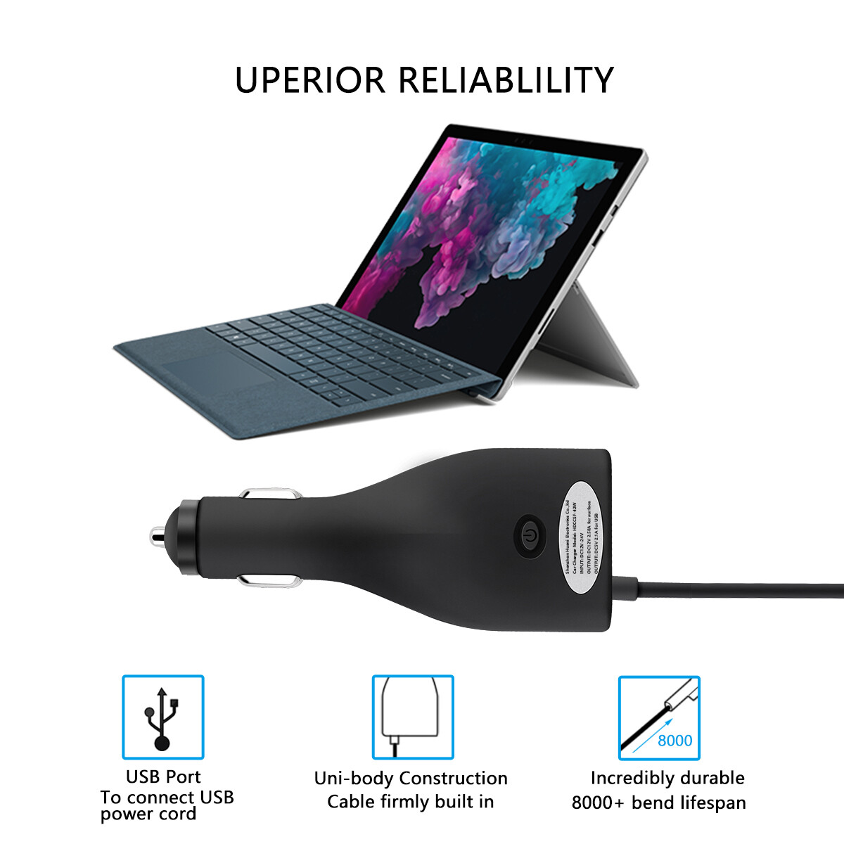 Surface Pro Car Charger 42W 12V 2.58A for Surface Laptop+5V 2.1A USB Charge Port