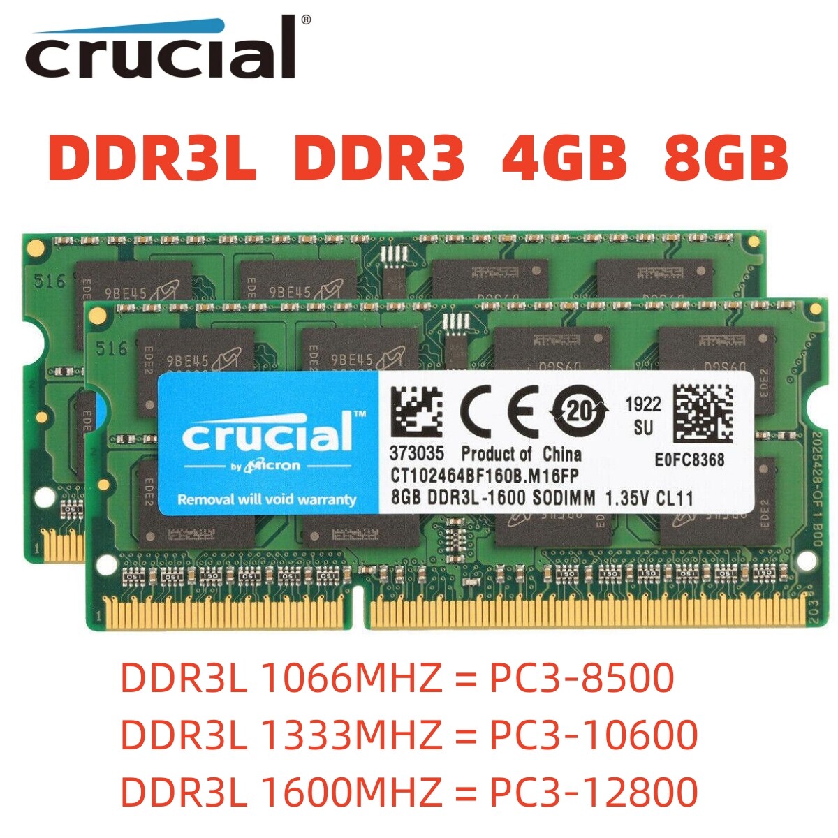 Crucial DDR3 DDR3L 4GB 8GB 1600MHz 1333 Memory RAM SO-DIMM for Laptop Notebook
