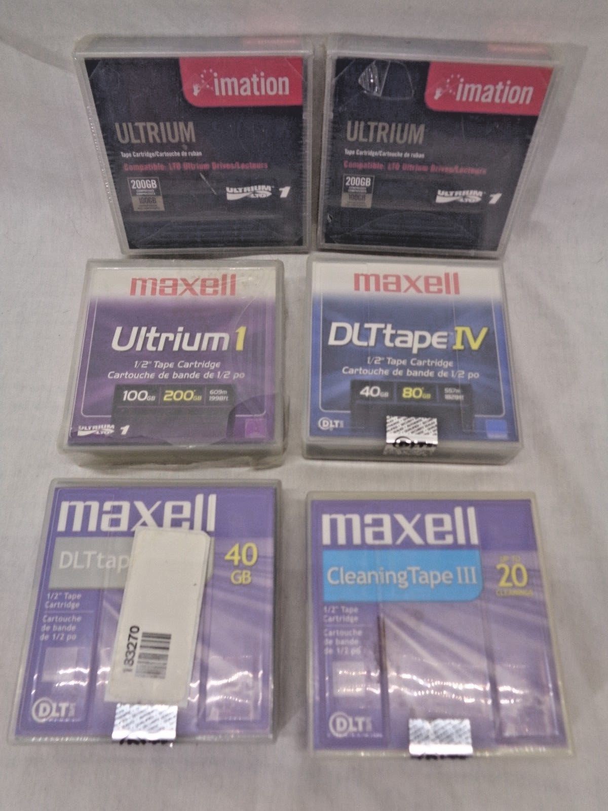 Lot of 5 DLT Tapes Imation 200GB - Maxell 200GB/100GB/40GB + Cleaning Tape