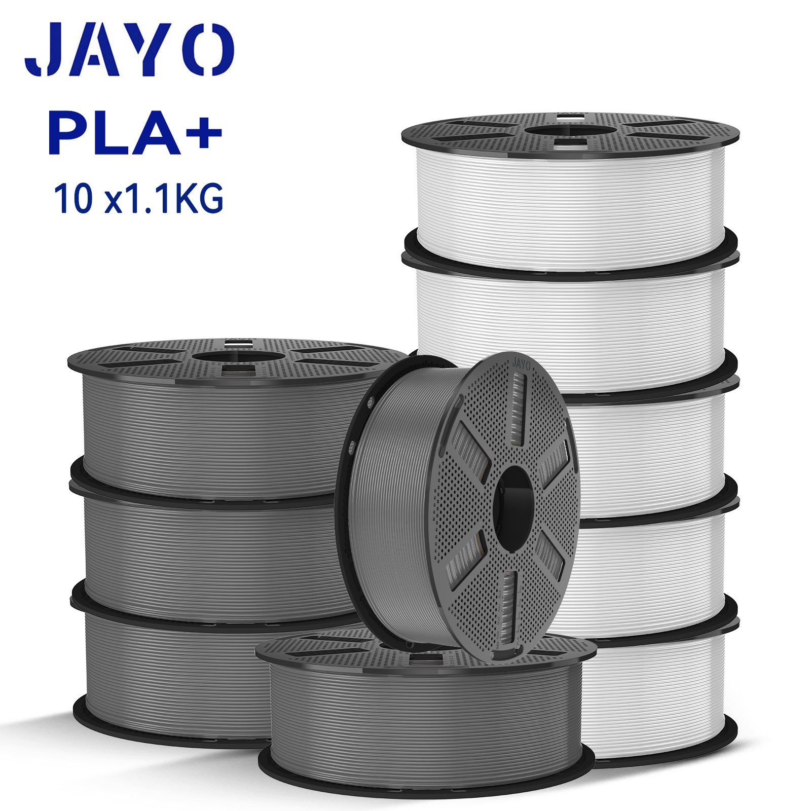 JAYO 10x1.1KG PLA+ White & Gray 3D Printer Filament 1.75mm High Adhesion Neatly