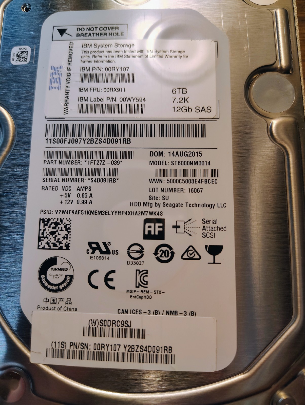 IBM 00RX911 00RY107 2076 AHD4 6TB 7.2K 12Gbps NL SAS 3.5" LFF HDD