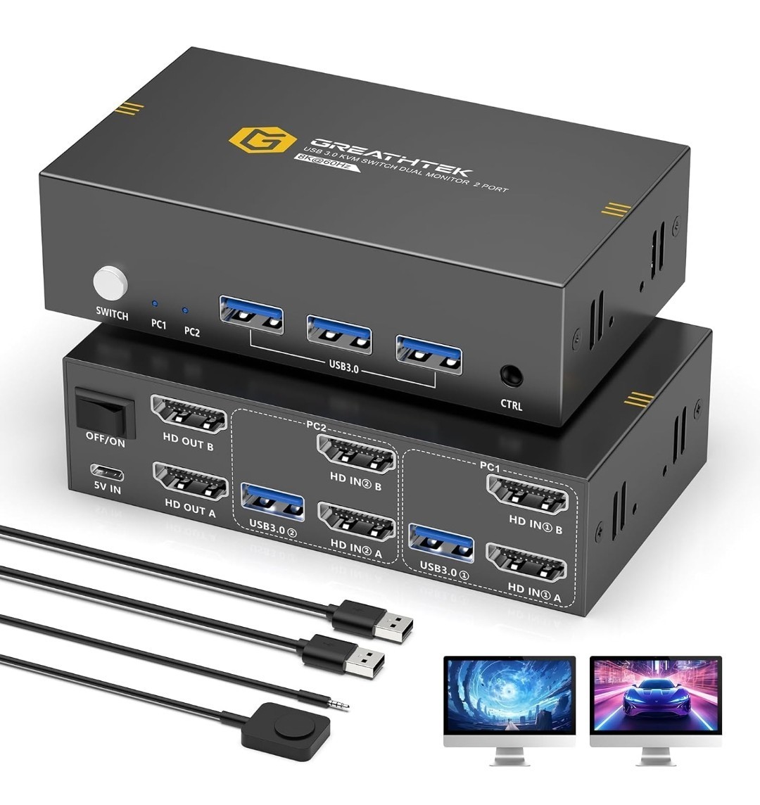 8K HDMI KVM Switch 2 Monitors 2 Computers,8K@60HZ USB3.0 Dual Monitors KVM...