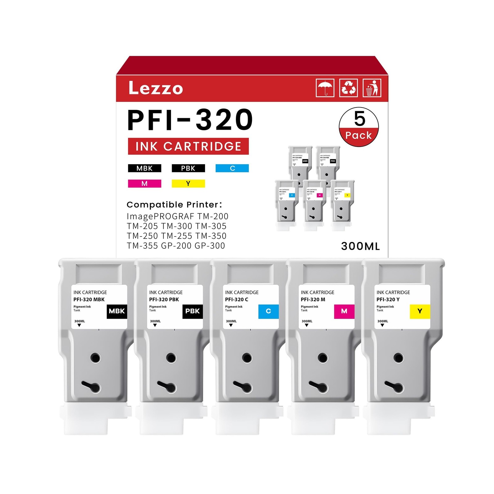PFI-320 Ink Cartridge 300ml 5-Pack PFI320 Ink Tank Pigment Replacement for Ca...