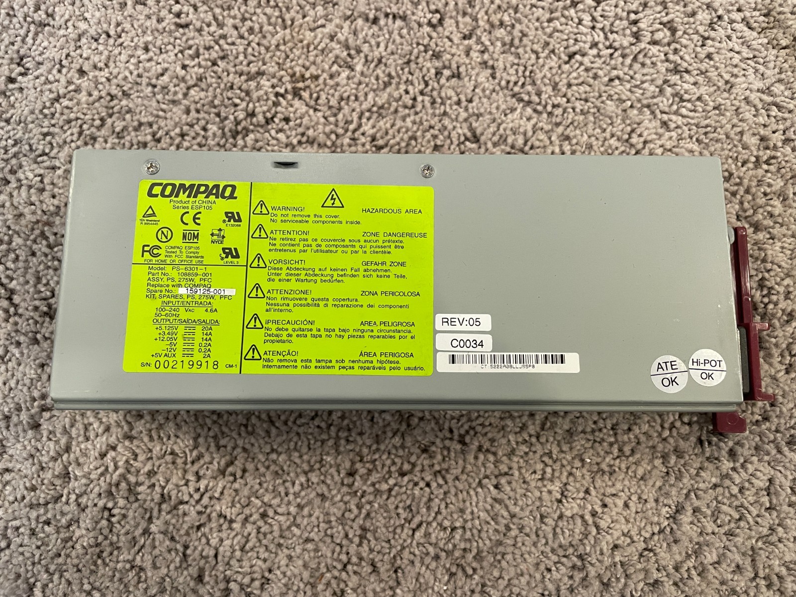 Compaq DL380 G1 power supply 143397-001 159125-001 120019-001