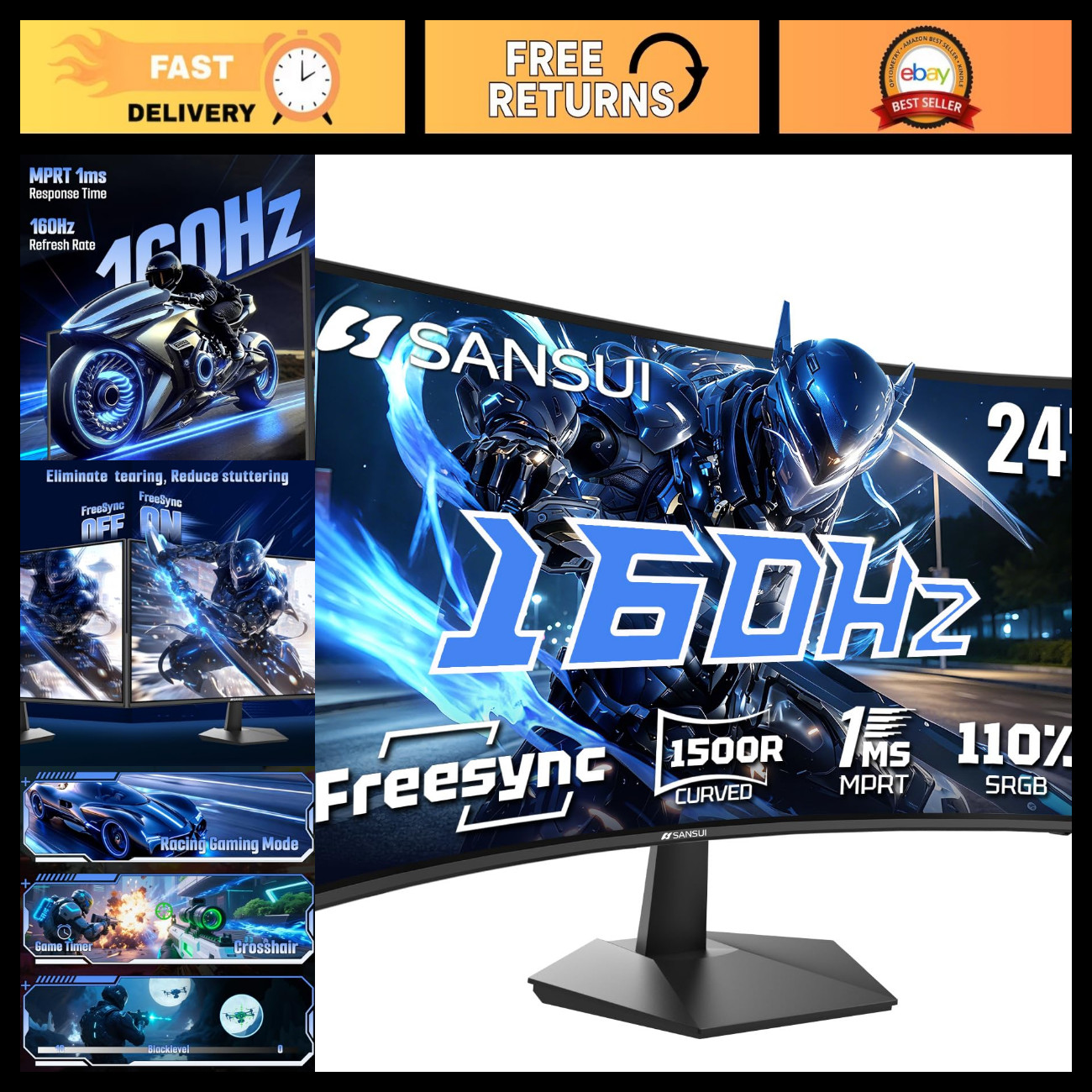 24" Curved 160Hz Gaming Monitor, 1500R Ultra-Wide Display, Immersive Gaming Expe