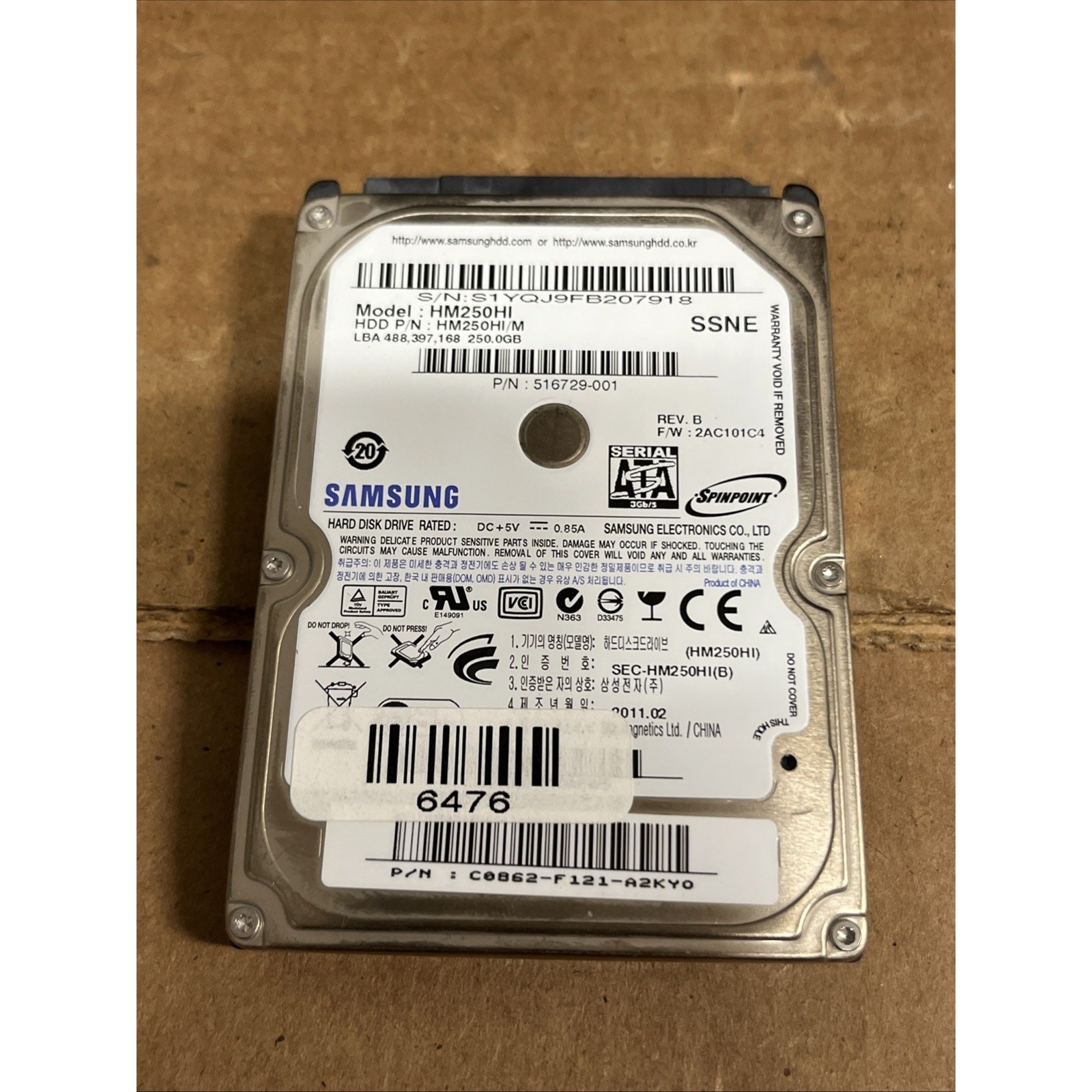 SAMSUNG HM250HI/M 250GB SATA 2.5” Hard Disk m7s2_s1PME P/N: 516729-001 Rev: B