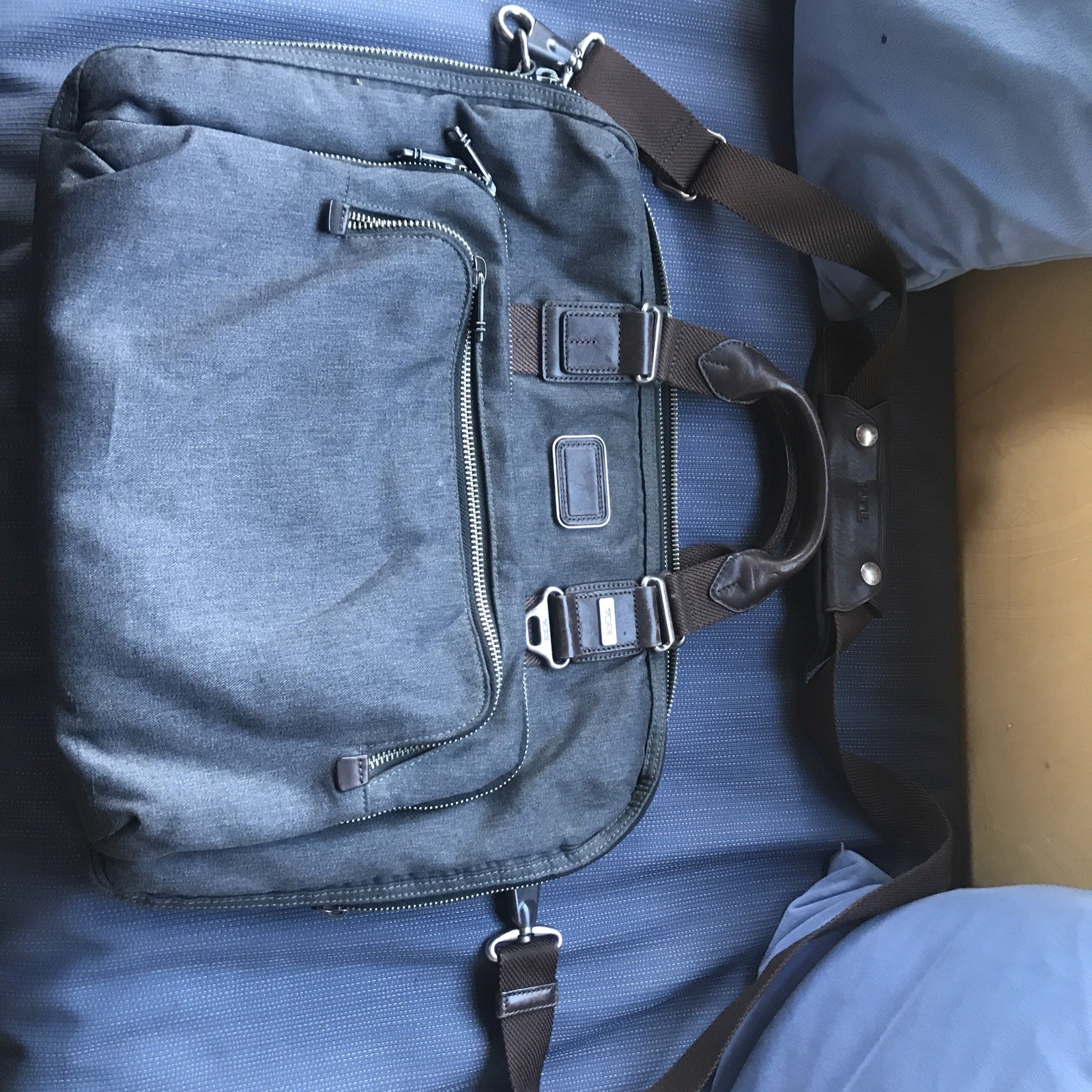 Vintage TUMI Tech Messenger Bag Leather Cloth Laptop Shoulder Gray  Brown & Case
