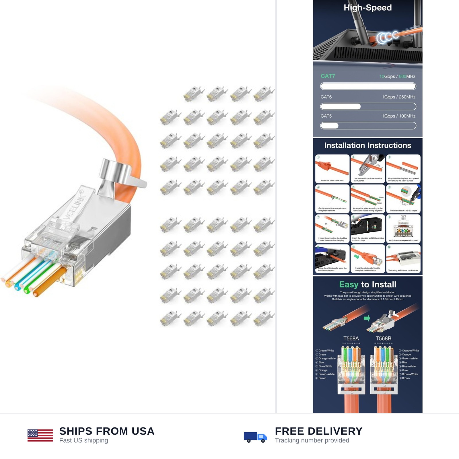 Cat6A Cat7 RJ45 Pass Through Connectors Shielded STP/FTP 50 Pack