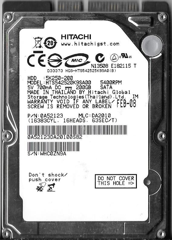 Hitachi HTS542520K9SA00 200GB Sata Hard Drive P/N: 0A52123 MLC: DA2010