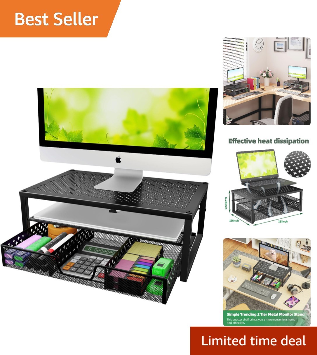 Sturdy 2-Tier Metal Monitor Stand with Drawer - Space-Saving Office Solution