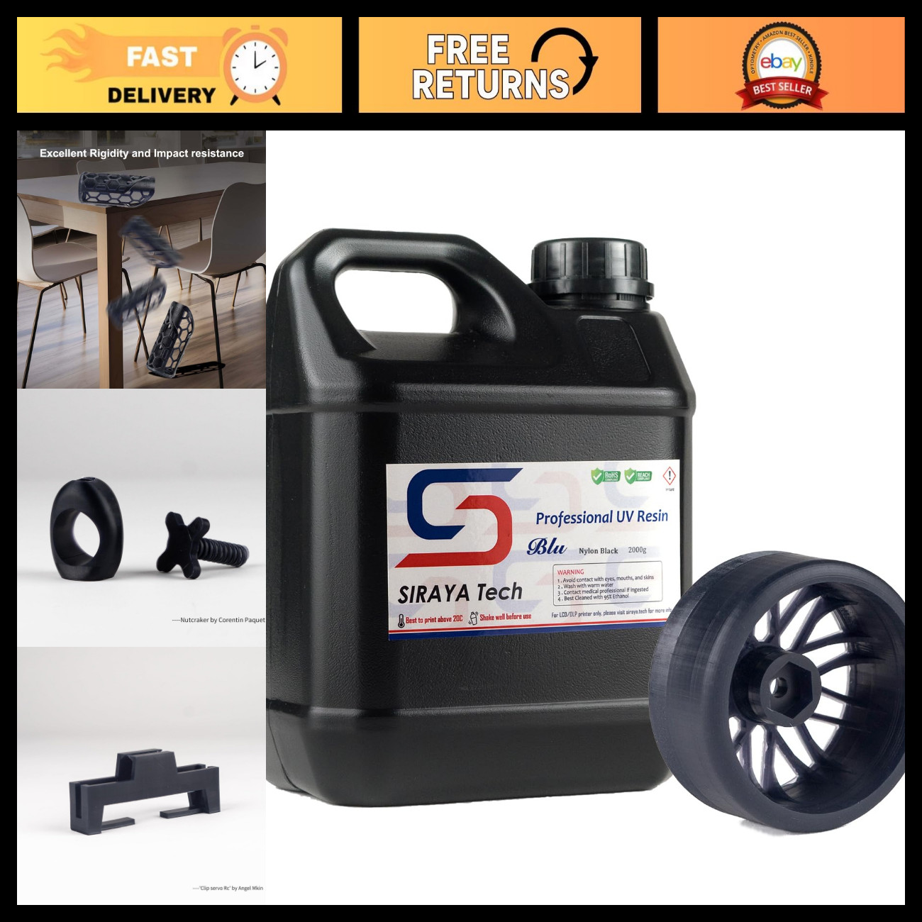 Nylon-Like 3D Printer Resin, Blu Nylon Black, 2kg - High-Quality, Durable, Fast