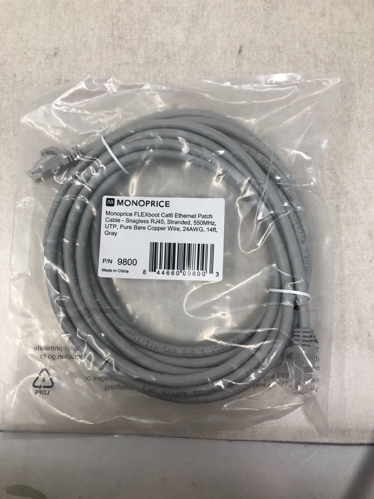 Monoprice FLEXboot Series 14' 24AWG Cat6 UTP Ethernet Network Cable Gray 109800