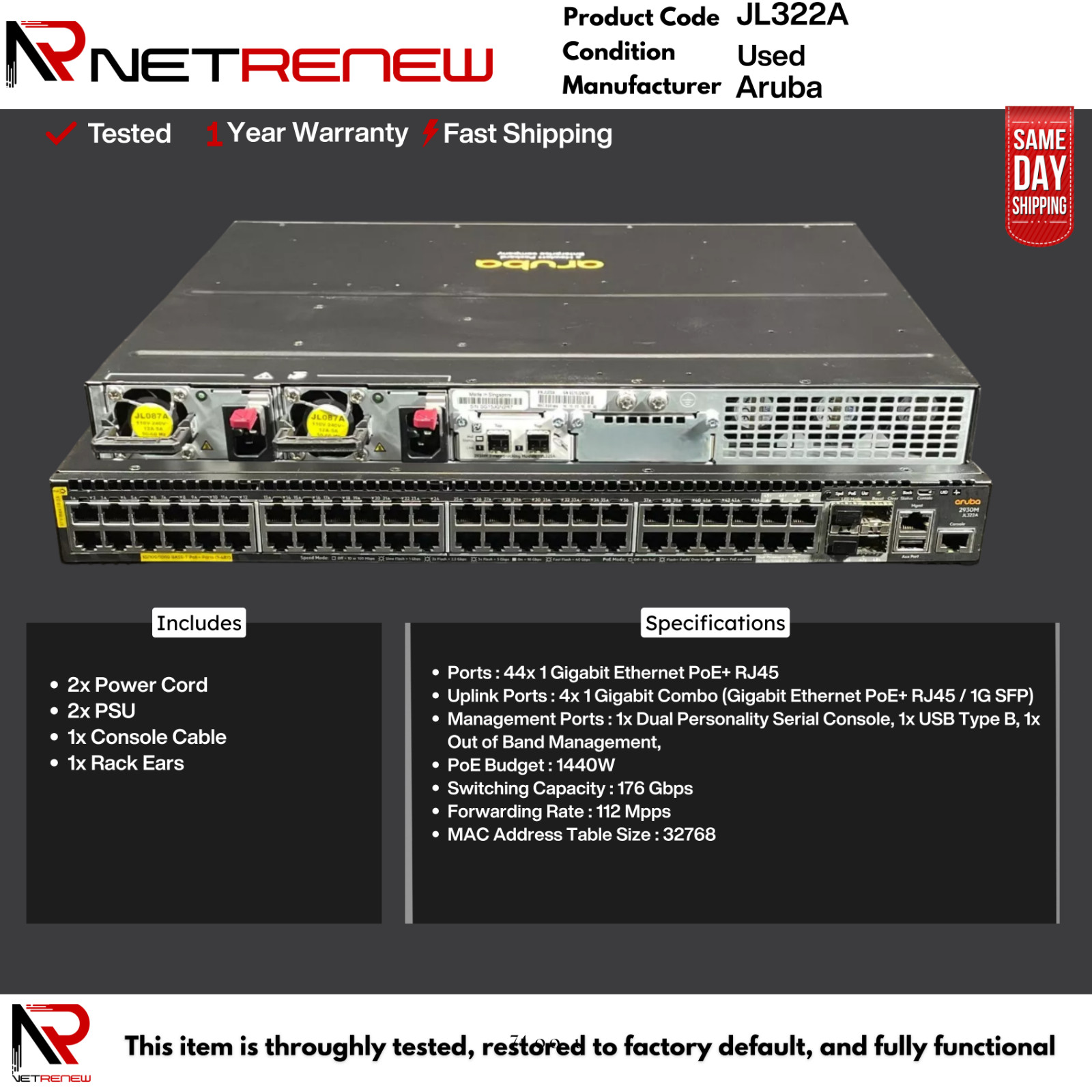 JL322A  Hpe Aruba 2930M Dual AC  48 Port PoE+ Switch