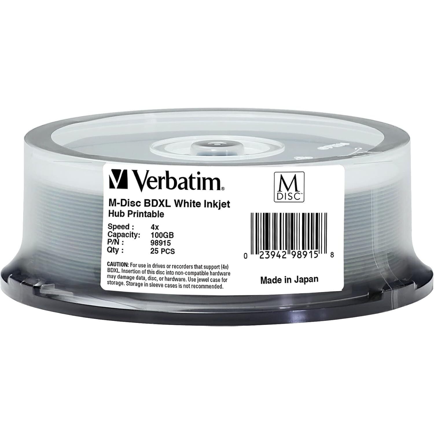 Verbatim M DISC BDXL 100GB 4X White Inkjet Hub Printable - 25pk Spindle (98915