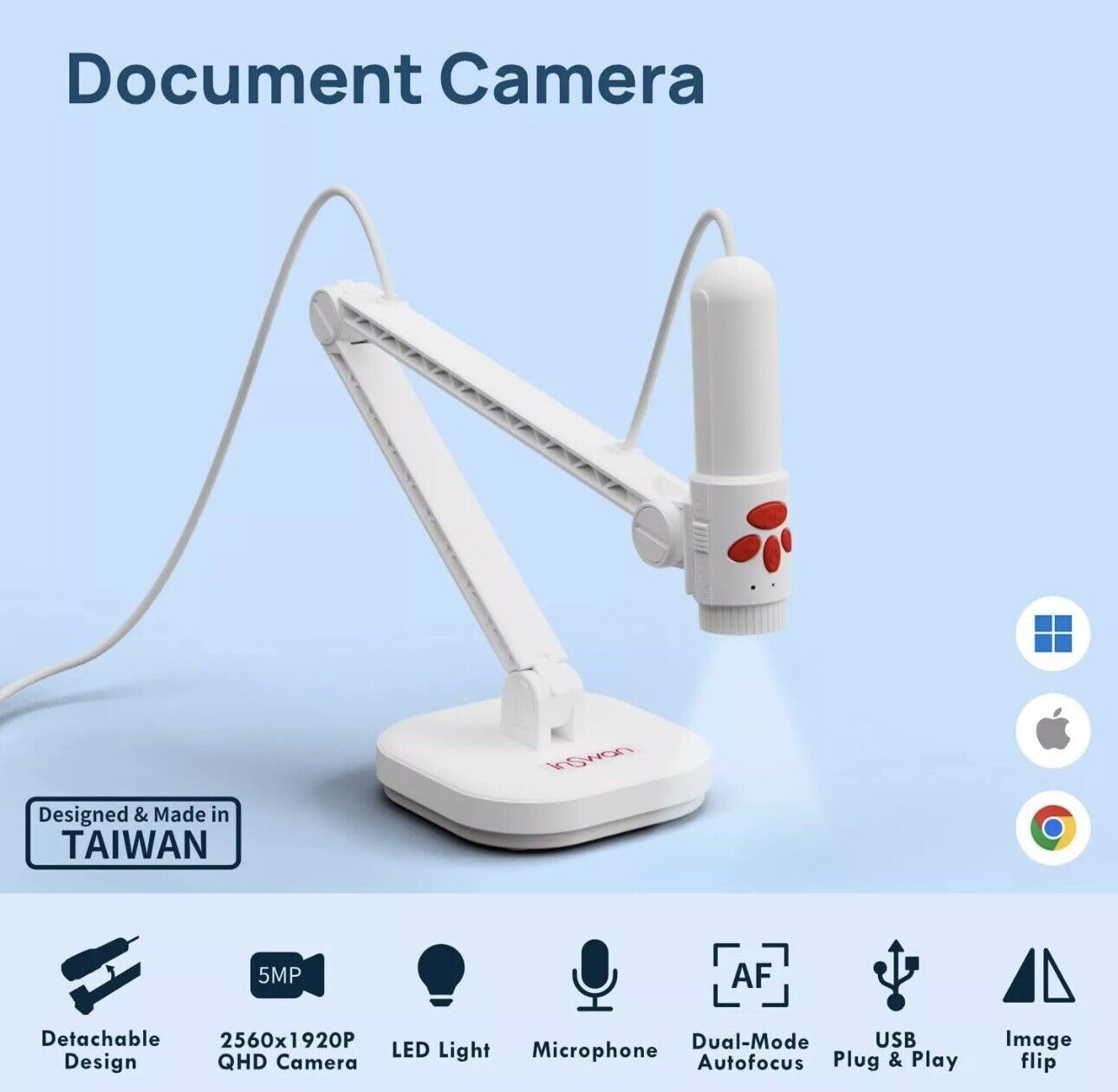 INSWAN INS-3 Detachable 3-in-1 5MP USB Document Camera/Webcam/Visualizer NEW