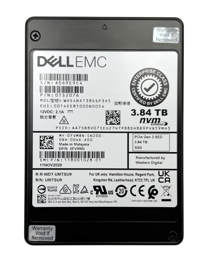 WD SN840 3.84TB NVMe PCIe Gen 3 x4 SED SSD WUS4BA138DSP3X5 0FVM8N 118001028-01