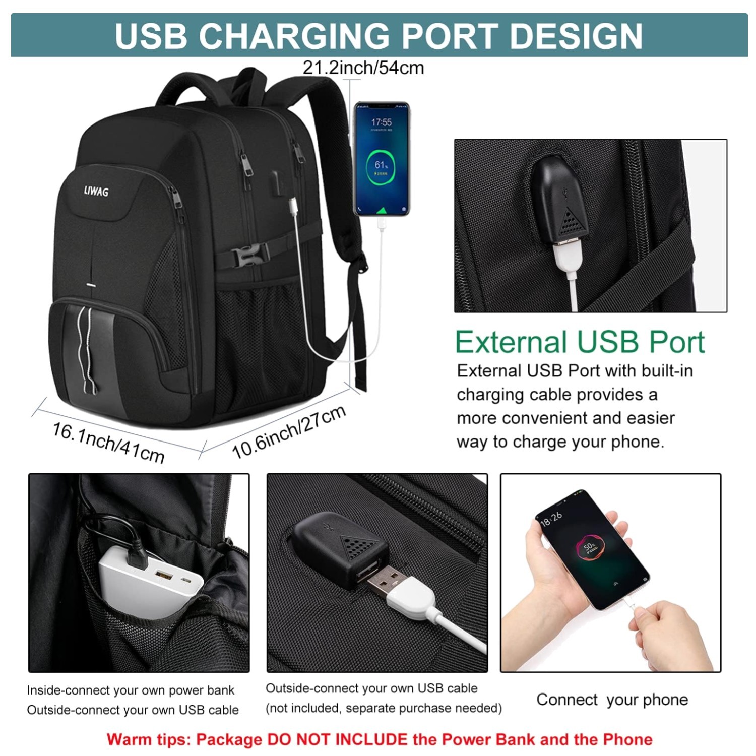 Stylish Black Backpack with Night Light Reflective Design