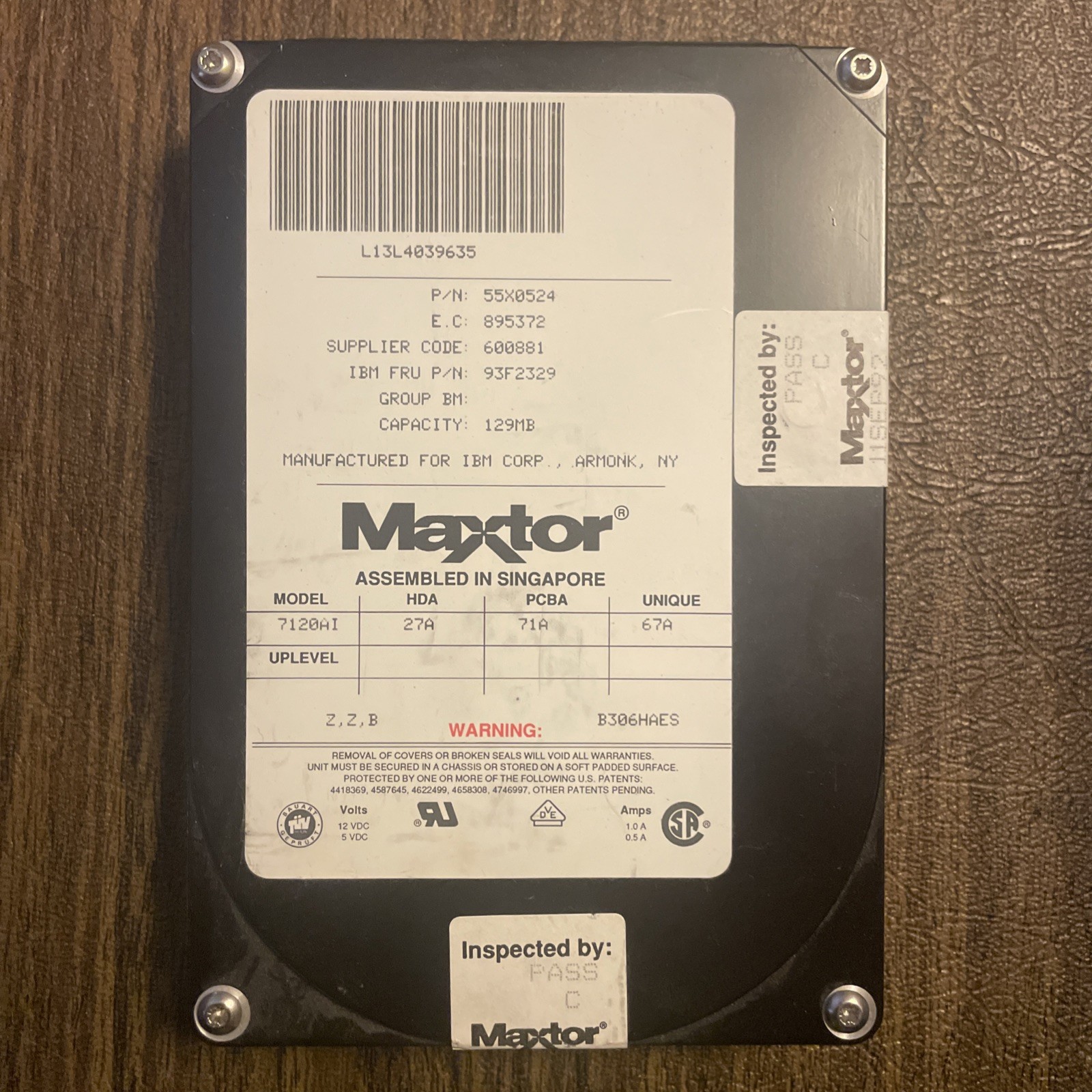 Maxtor Model 7120AI IBM P/N 55X0524 Hard Drive 129 MB Vintage