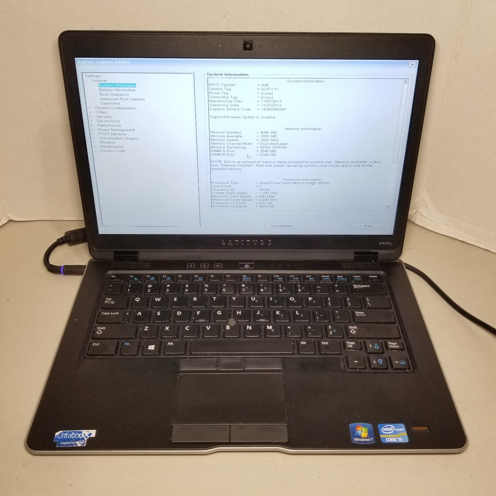Dell Latitude 6430U i5-3437U 4GB RAM NO HDD/OS/BATTERY Boots to Bios #69