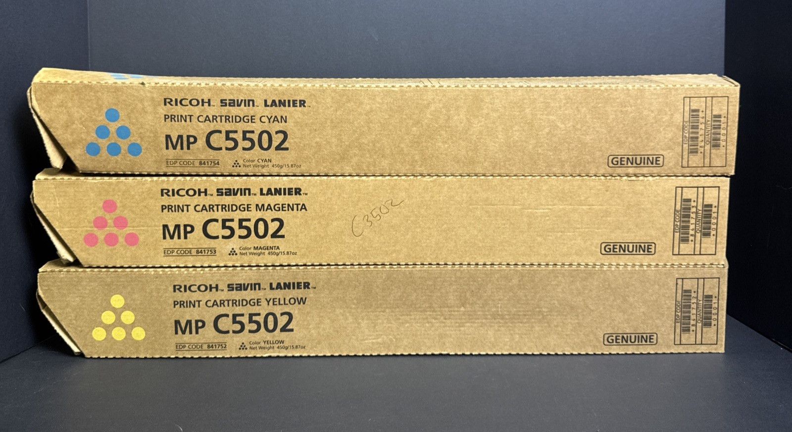 SET OF 3 GENUINE RICOH MP C5502 CYMK TONER PRINT CARTRIDGES