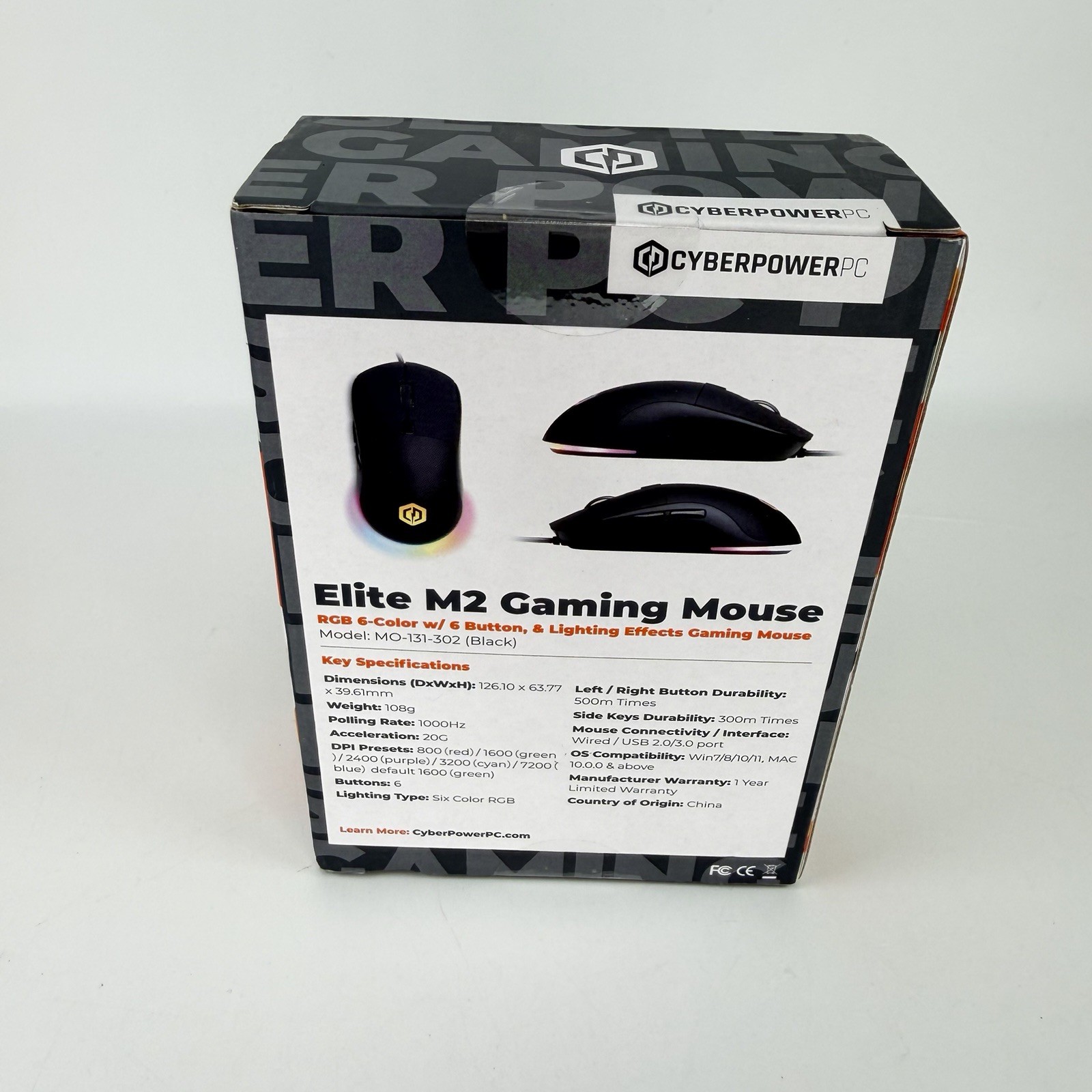 Cyberpower PC Elite M2 Wired Black Gaming Mouse RGB 6-Color w/ 6 Buttons NEW