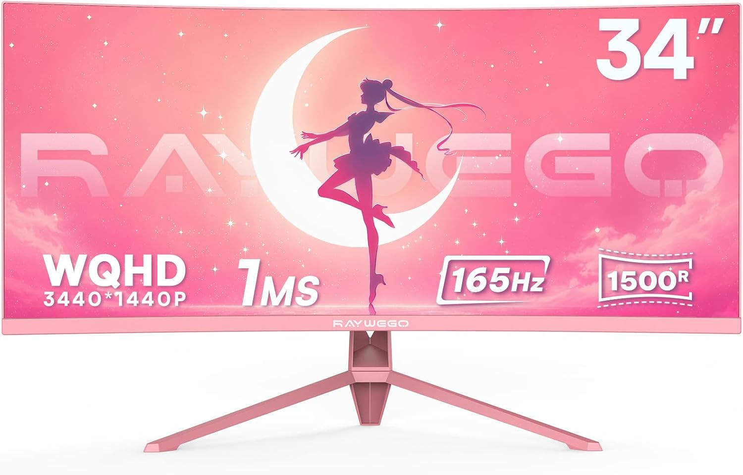 34 Inch Pink Curved Ultrawide Gaming Monitor, UWQHD 165Hz, 1500R