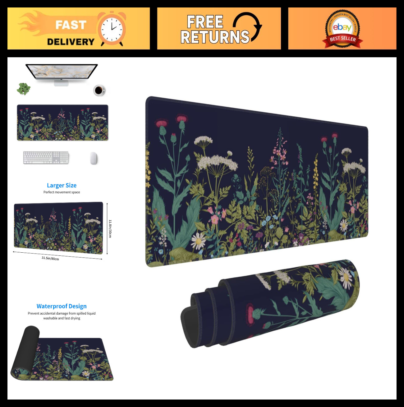 Floral Gaming Mouse Pad 31.5x11.8" - Non-Slip Rubber Base, Stitched Edges, Desk