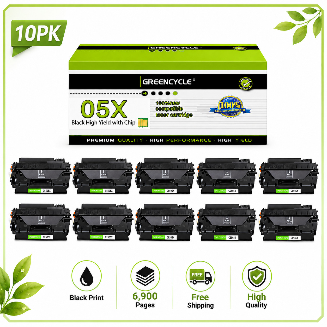 10PK CE505X 05X High Yield Black Toner for HP LaserJet P2055 P2055dn P2055x