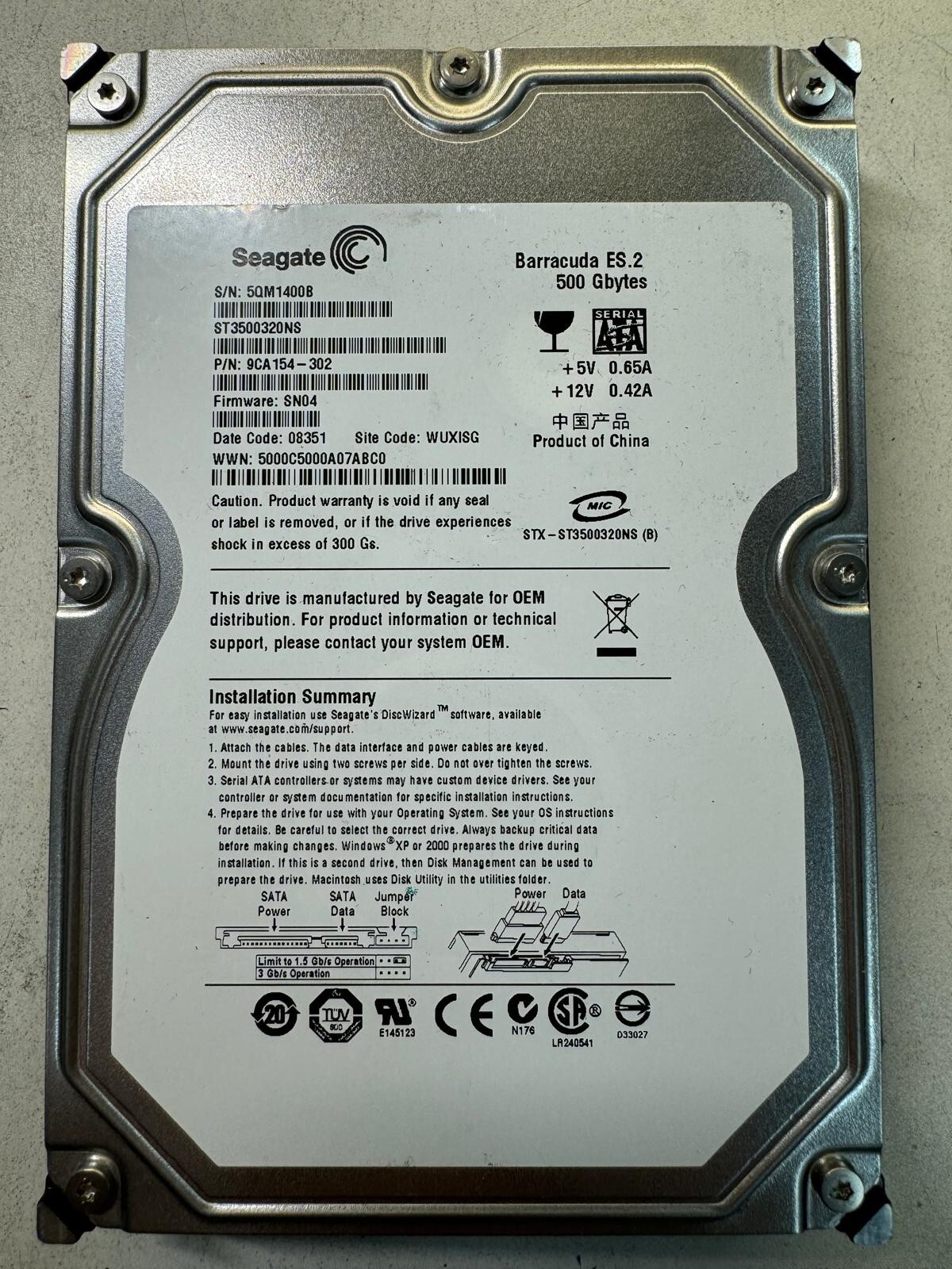 SEAGATE ST3500320NS 9CA154-302 500GB Firmware SN04 Date Code 08351 SATA 3.5"
