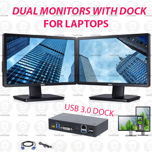 DUAL Dell 22 inch DP DVI LCD Monitors with DOCK & cables FOR LAPTOPS