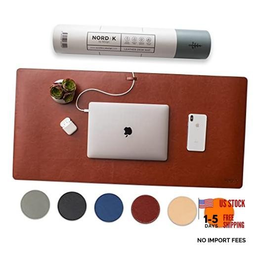 Nordik Leather Desk Mat Cable Organizer (35 X 17 inch) Premium Saddle Brown