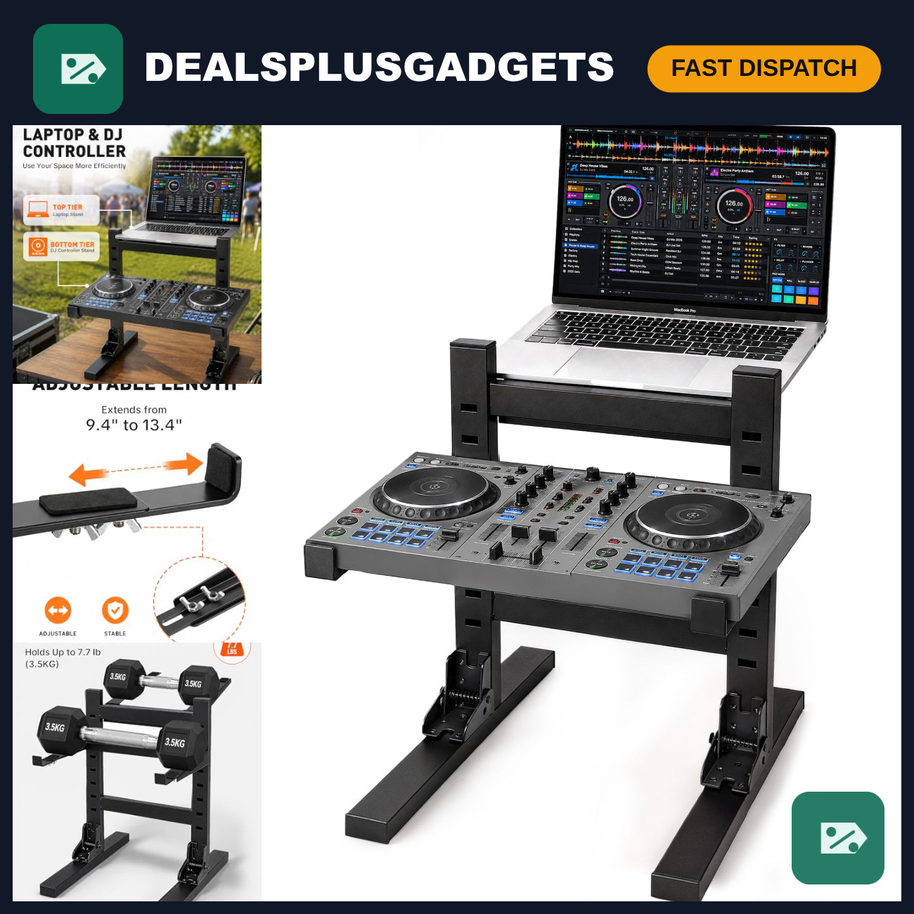 Dual Tier Foldable DJ Laptop Stand for Controller & Laptop - Adjustable, Portabl