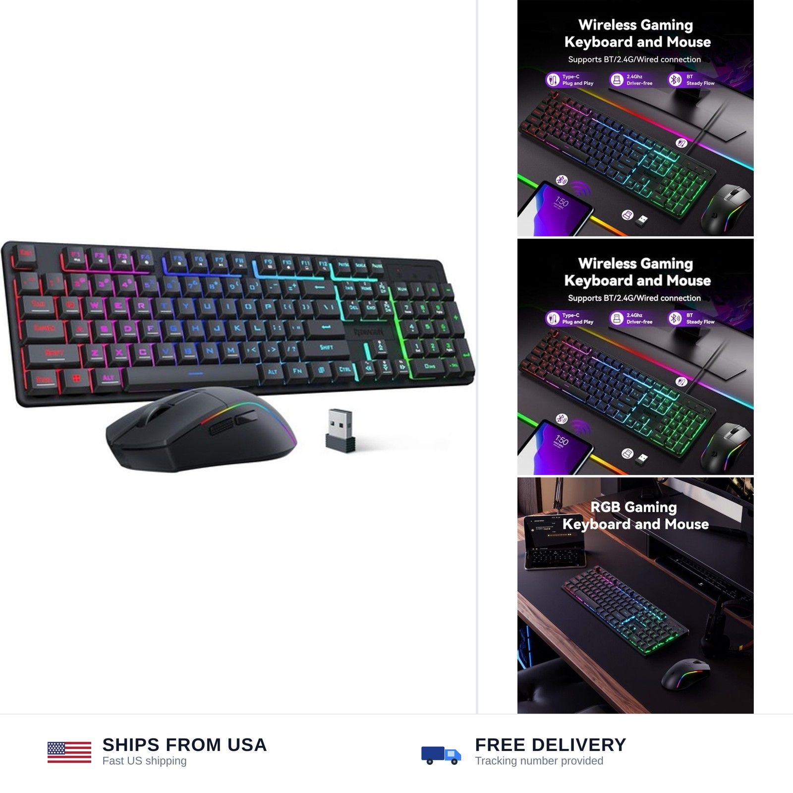 Redragon S107KS Wireless Gaming Keyboard and Mouse, RGB Backlit, 3 Mode (Wire...