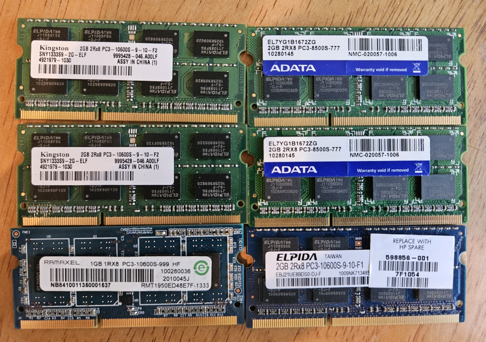 Lot of 6 Laptop DDR3 RAM - 5 x 2GB, 1 x 1GB - Mixed Brands, Kingston, Adata