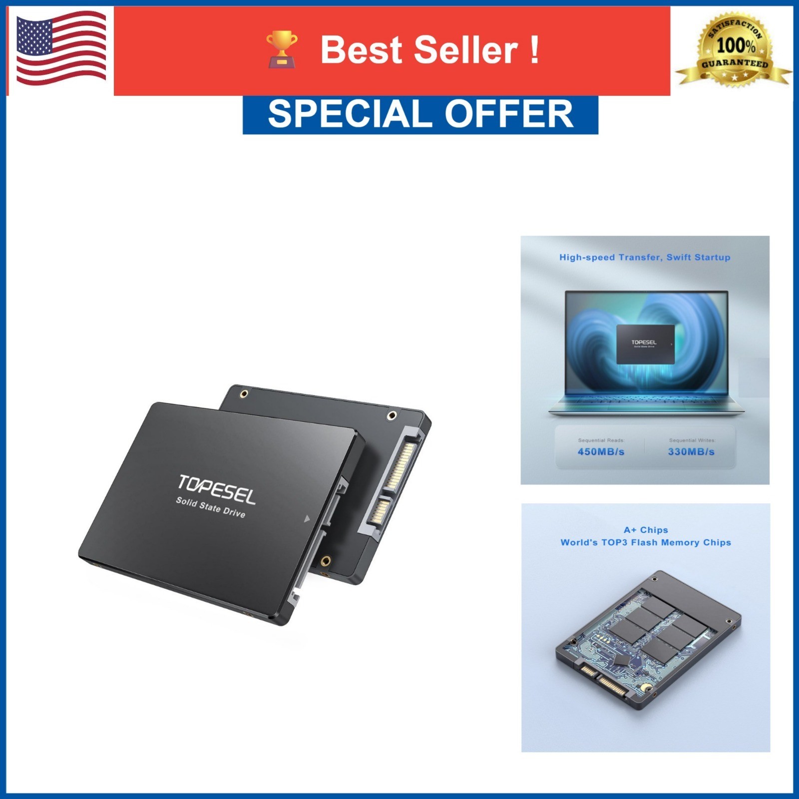 TOPESEL 128GB Internal SSD SATA III 2.5" 3D NAND TLC Solid State Drive 450MB/s