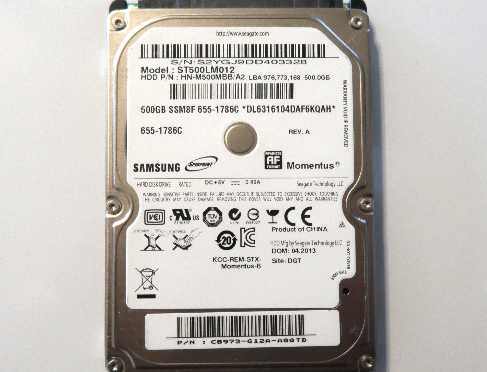 Samsung ST500LM012 HN-M500MBB/A2 (S2YG) China DGT C8973-G12A 2.5" 500gb 04.2013