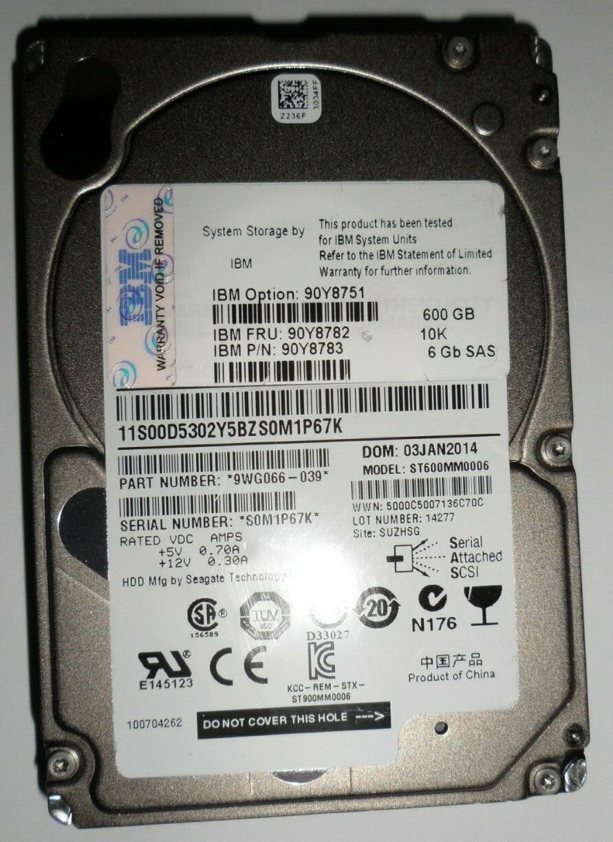 IBM 600GB 10K 2.5" SAS Hard Drive, FRU P/N 90Y8783, ST600MM0006*