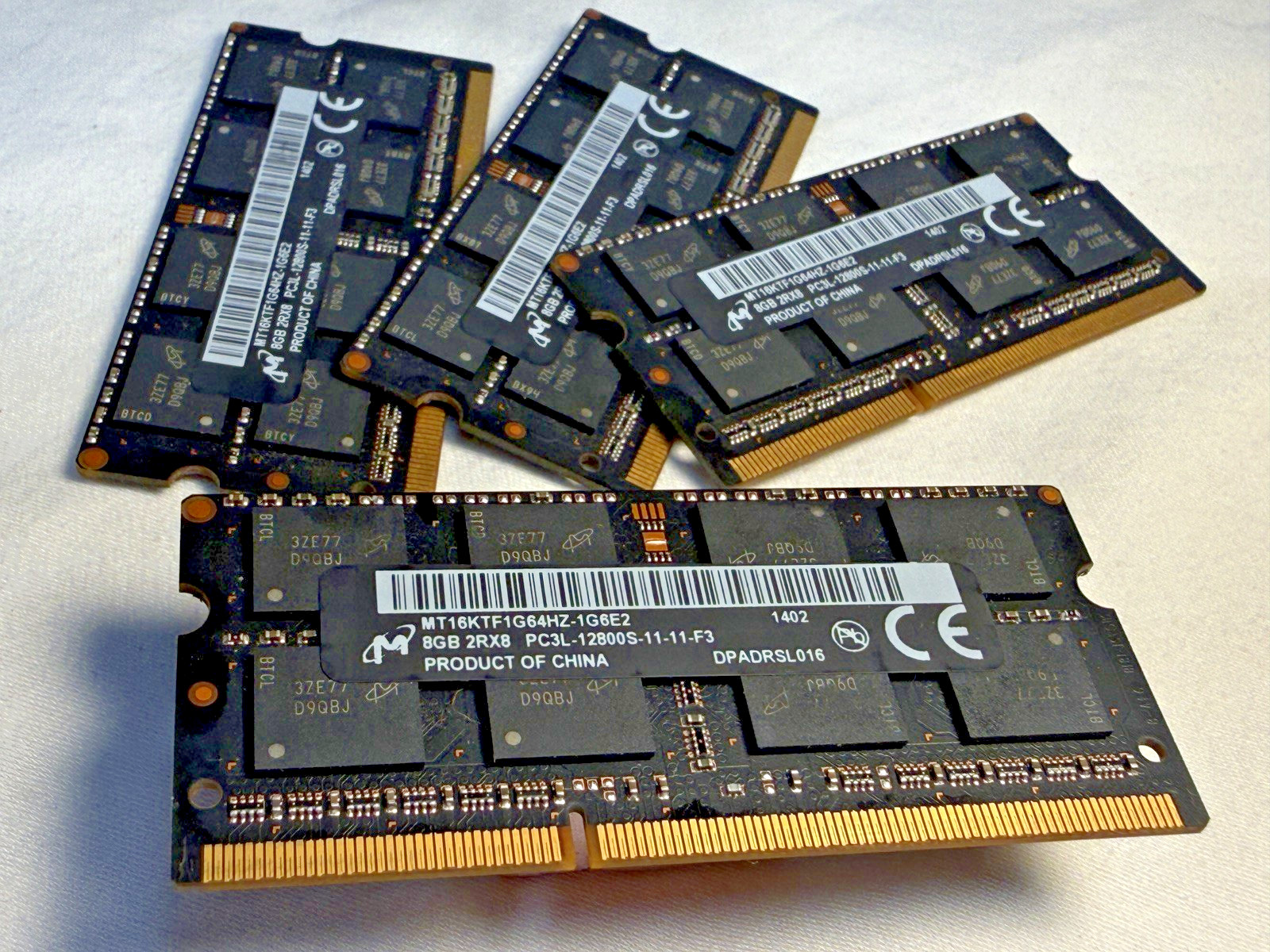 LOT OF 4 Micron 8GB DDR3L 1600 RAM PC3L-12800S 204-Pin SO-DIMM MT16KTF1G64HZ