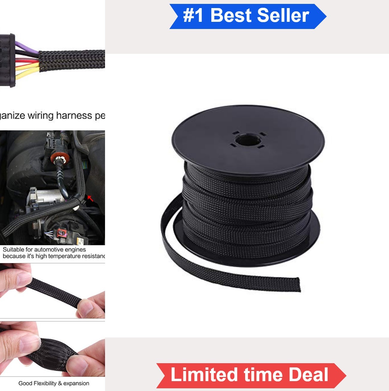 PET Expandable Braided Cable Sleeve 1/2 Inch 100 ft Black Wire Loom