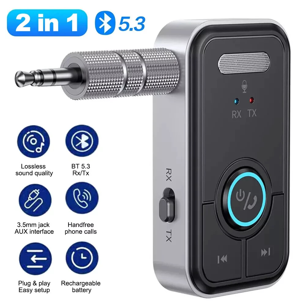 Adaptador Bluetooth 5.3 2 en 1 RX TX AUX Inalámbrico para Auto TV PC Auriculares