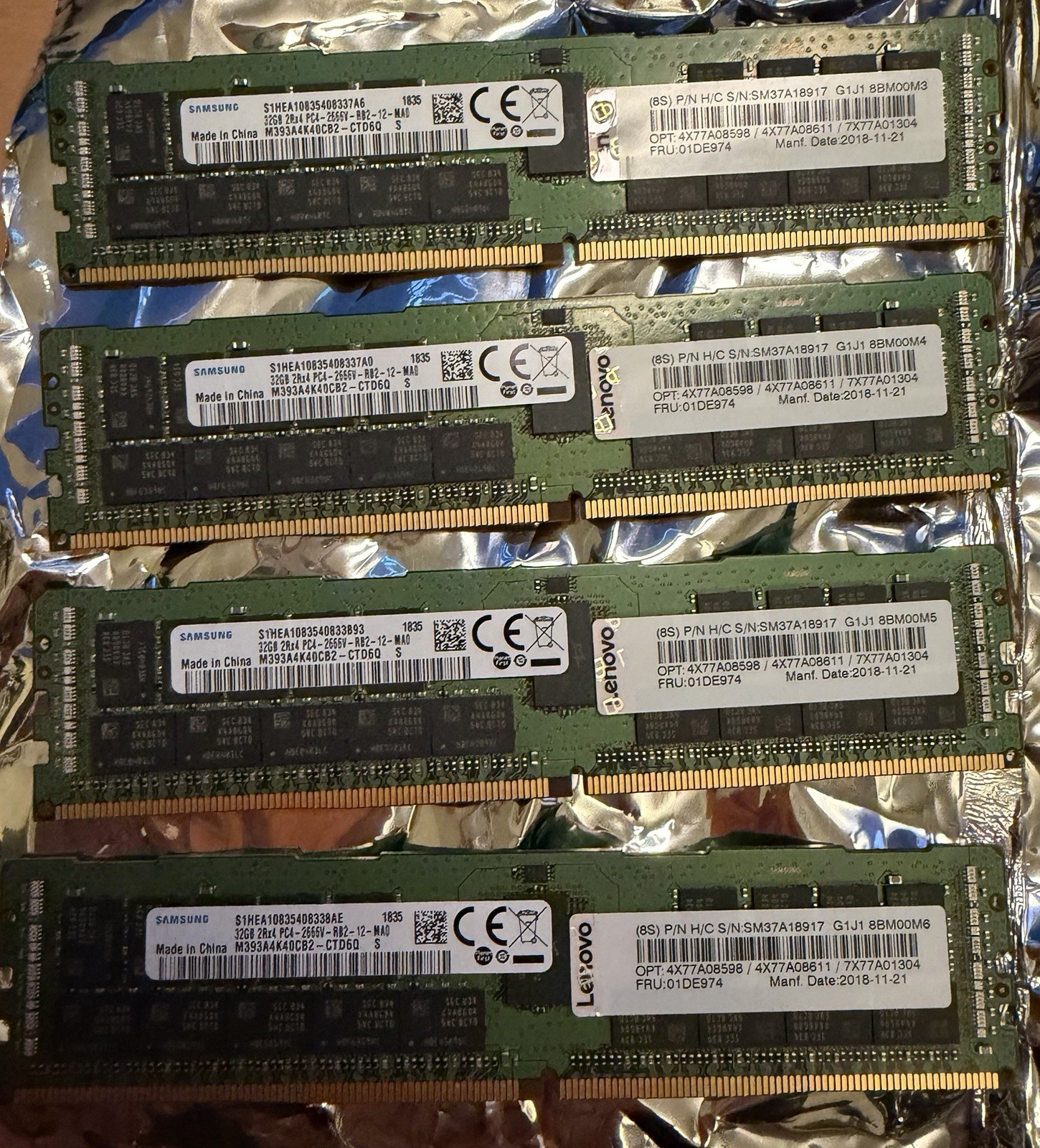 Lot of 4 SAMSUNG 32GB 1x32GB 2RX4 PC4-2666V DDR4 SERVER MEMORY M393A4K40BB2-CTD