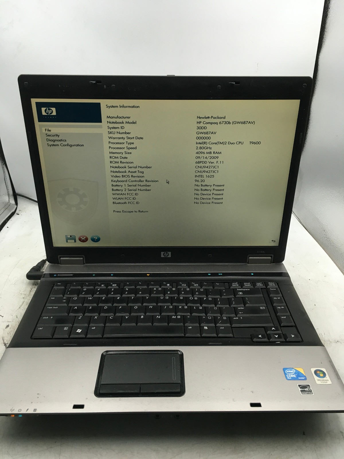 HP PROBOOK 6730B - BOOTS TO BIOS - INTEL CORE 2 DUO - NO RAM -15"-READ DESC - BB