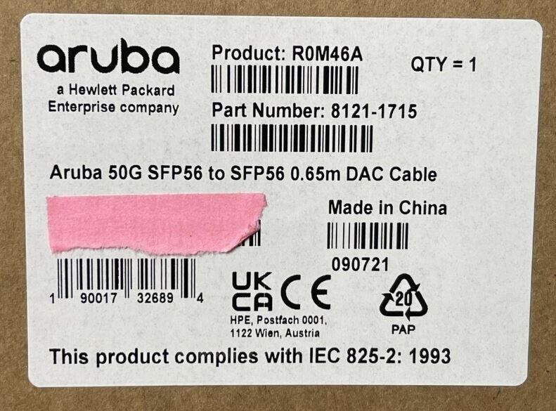 HPE Aruba 50G SFP56 to SFP56 0.65M DAC Fibre Optic Cable R0M46A 8121-1715 Sealed